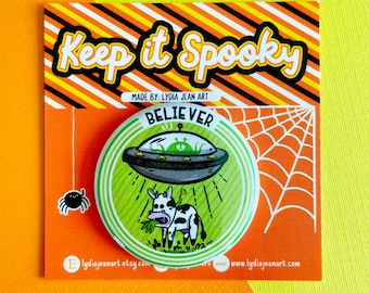 UFO Cow Abduction Magnet or Pin