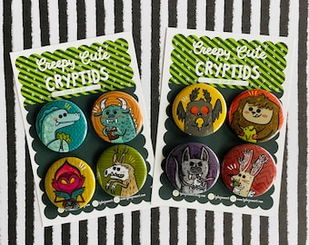 Cryptid Art Magnet or Pin Set | Mothman, Bigfoot & More