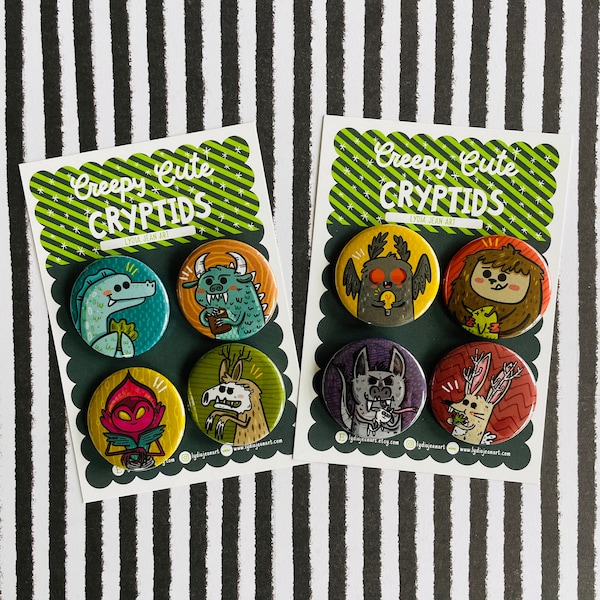 Cryptid Magnet or Pin set | Cryptid  Art | Cryptid Pin | Mothman | Bigfoot | Nessie | Wendigo | Flatwoods Monster | Hodag | Jackalope