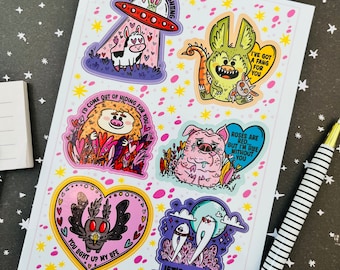 Cute Cryptid Love Sticker Sheet for Planners or Mailing Letters