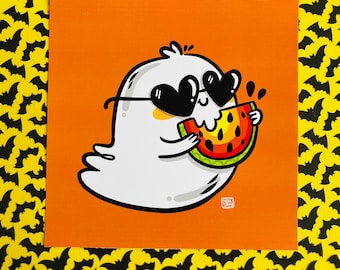 Hot Ghoul Summer Watermelon Ghostie Summerween Art Print for Halloween Lovers