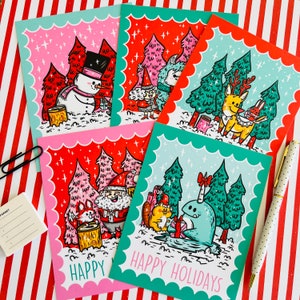Zestaw pocztówek Happy Holiday Critters | Zestaw pocztówek dla dzieci | Urocze artykuły piśmiennicze | Zestaw pudełek na kartki świąteczne