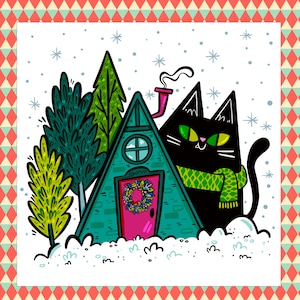 May include: A black cat with green eyes wearing a green scarf stands in front of a small green house with a pink door. The house has a window and a chimney. There are green trees and snow on the ground.