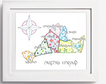 Mapa Martha's Vineyard: Ręcznie wykonana sztuka miejska z kaligrafią