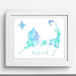 Cap Cod Karte: Cape Cod Aquarell Karte, Aquarell Karte Cape Cod Massachusetts, Cape Haus Karte Kunst