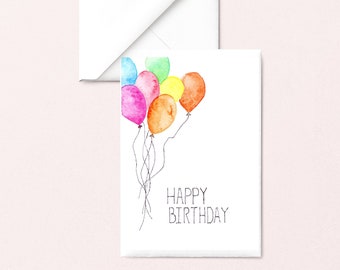 Happy Birthday Card: Ballon verjaardagskaart, aquarel verjaardagskaart, kalligrafie verjaardagskaart, unieke verjaardagskaart