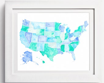 Carte aquarelle des États-Unis d’Amérique: 50 États Carte Art, USA Aquarelle Print