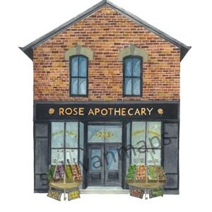 May include: A watercolour painting of a brick building with a shop front. The shop front has a sign that reads "ROSE APOTHECARY" in gold lettering. The windows are large and display products. The door is black and has a sign that reads "225".