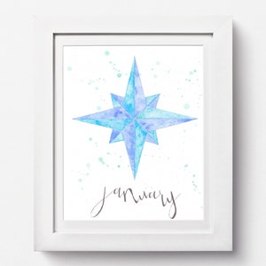 January Watercolor Print: Winter Watercolor, Colorful January Painting, Nordic Star Watercolor Print, Months of Year Collection
