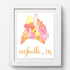Nashville Watercolor Map: Nashville Art, Tennessee Art Print, Nashville Neighborhood Map Art Print Watercolor, Any City Map