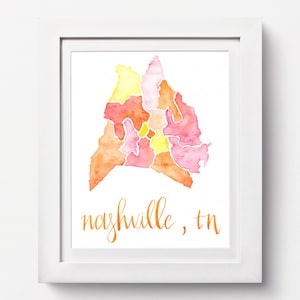 Nashville Watercolor Map: Nashville Art, Tennessee Art Print, Nashville Neighborhood Map Art Print Watercolor, Any City Map