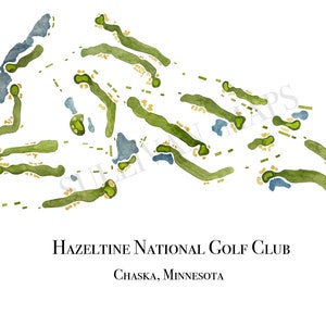 以下が含まれることがあります： ミネソタ州チャスカにあるヘーゼルティン・ナショナル・ゴルフクラブの水彩地図。コースレイアウトは緑色で描かれ、青い水域と点線が描かれています。「Hazeltine National Golf Club」と「Chaska, Minnesota」の文字は黒で印刷されています。