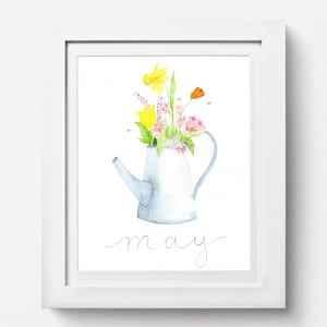 May Watercolor Print: May Flowers Watercolor, Spring Watercolor Painting, Calendar May Flowers Day Art Print, Floral Painting Watering Can