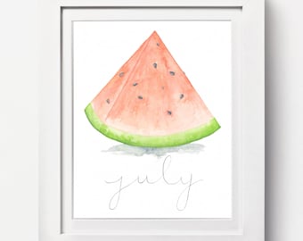 July Watercolor Print: July Watermelon Watercolor, Summer Watercolor, Watermelon Painting, July Art Calendar