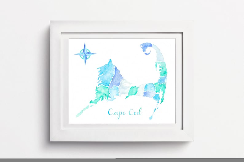Cap Cod Map: Cape Cod Watercolor Map, Watercolor Town Map Cape Cod ...