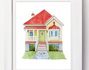May include: A watercolor illustration of a house with a red roof, yellow siding, and a front porch, framed in a white border. The house features a central yellow door, a bay window with a red roof, and a stone walkway leading to the front steps.