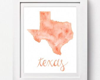 Texas Map: Texas Watercolor Map, Any State Map, Texas State Watercolor Map