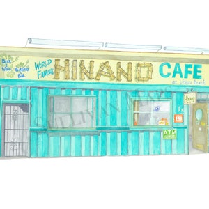 May include: A watercolor painting of a turquoise and yellow building with a sign that reads "World Famous Hinano Cafe at Venice Beach".
