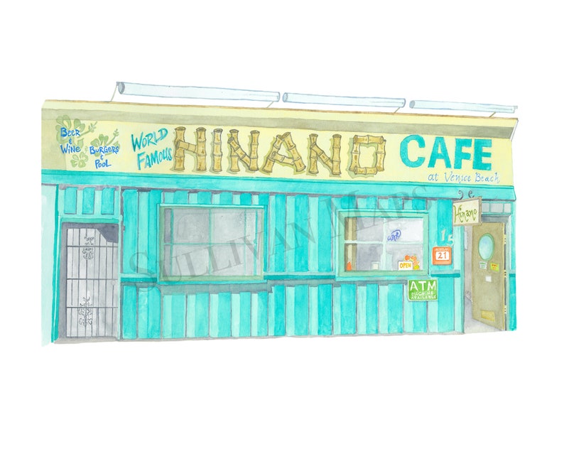 May include: A watercolor painting of a turquoise and yellow building with a sign that reads "World Famous Hinano Cafe at Venice Beach".