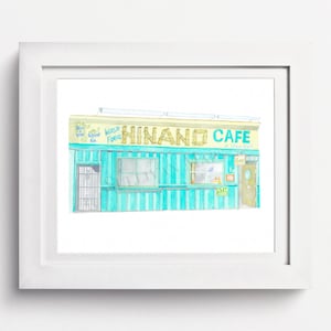 May include: A watercolor painting of a turquoise and white striped building with a sign that reads "Hinano Cafe" in yellow letters. The building has a door and two windows. The sign also says "World Foods" and "Best Value Catering in the City".
