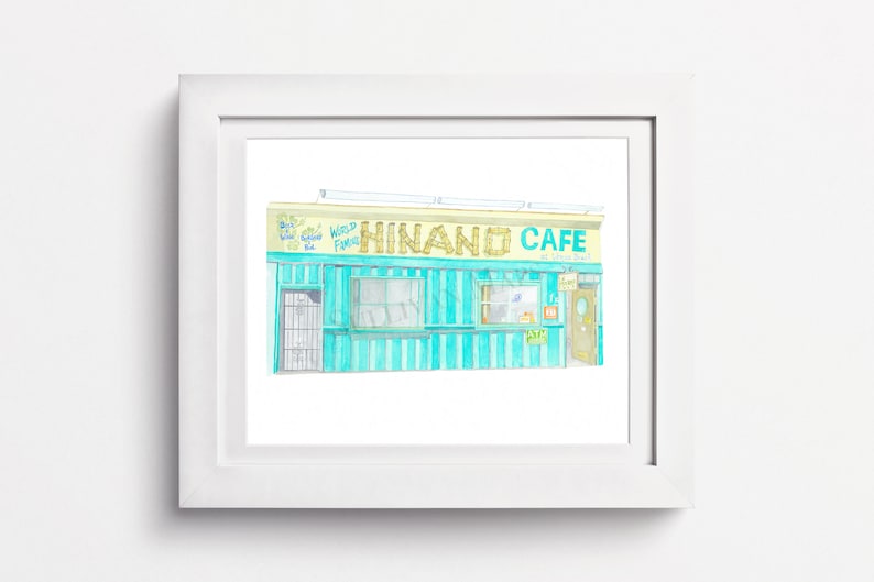 May include: A watercolor painting of a turquoise and white striped building with a sign that reads "Hinano Cafe" in yellow letters. The building has a door and two windows. The sign also says "World Foods" and "Best Value Catering in the City".
