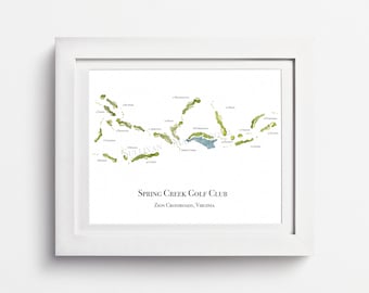 Spring Creek Golf Club: Carte du parcours de golf, Carte du parcours de Virginie, Carte du parcours à l’aquarelle, Cadeau du parcours de golf, Cadeau de golf pour lui
