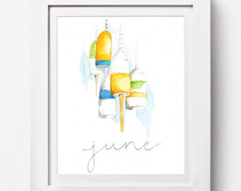 June Watercolor Print:  Summer Ocean Watercolor, Bouys Watercolor Painting, Calendar June Bouy Art Print, Bouys Watercolor Wall Print