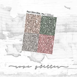 May include: Four sheets of rose glitter paper. The colors are silver, rose gold, green, and pink. The paper is labeled "rose glitter" and "Paper Dove Shop".
