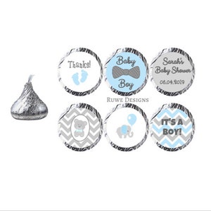 Custom Kisses stickers for Baby shower (blue/grey/white)