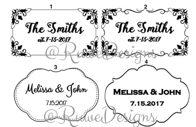 May include: Black and white designs featuring names and dates. Two rectangular designs read "The Smiths est. 7-15-2017" with decorative corner elements. Two other designs are oval-shaped, with the names "Melissa & John" and the date "7.15.2017".