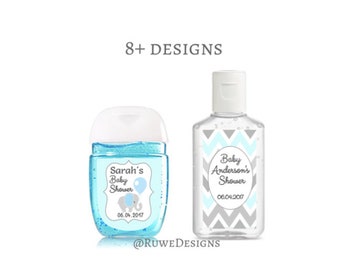 Blue, Gray & White Customized hand sanitizer Labels for Baby shower favors