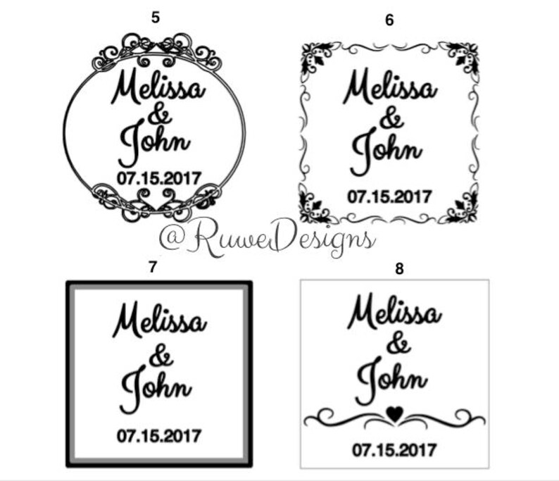 May include: Four wedding-themed designs featuring the names "Melissa & John" and the date "07.15.2017". Each design has a different decorative border: a circle, a square, a square with a border, and a design with a heart.