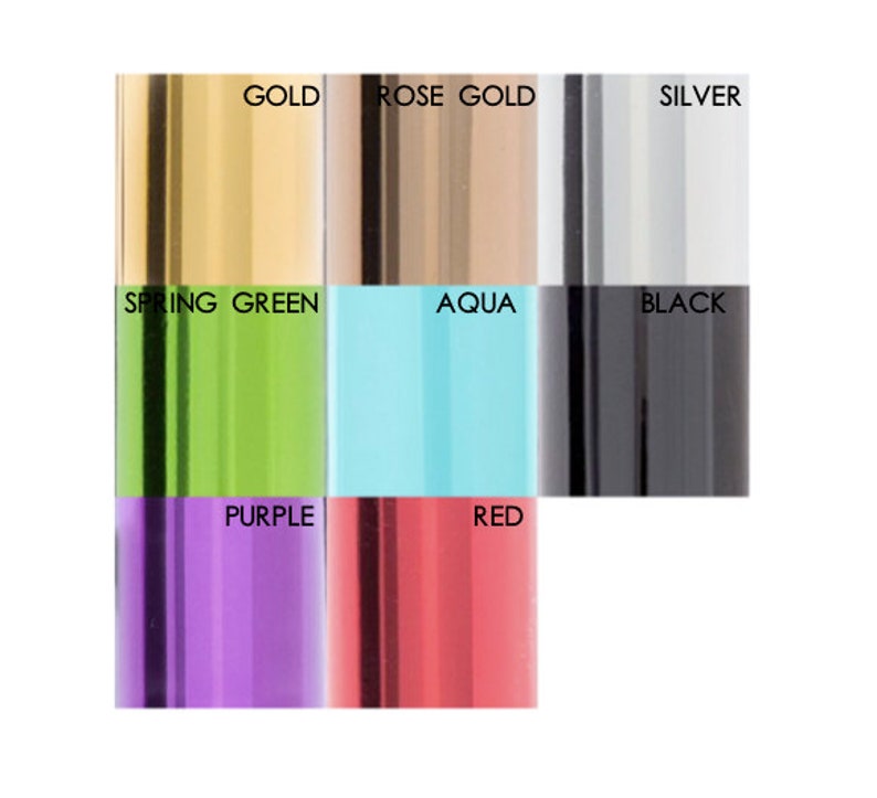 May include: A color palette featuring samples of Gold, Rose Gold, Silver, Spring Green, Aqua, Black, Purple, and Red. Each color is labeled with its name in a clean, modern font.