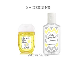 Yellow, Gray & White Customized hand sanitizer Labels for Baby shower favors
