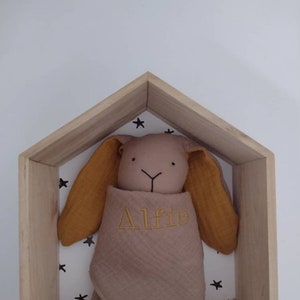 small bunny comforter for children,  muslin rabbit lovey with floppy ears, custom made soft toy, personalised security blanket keepsake