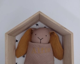 small bunny comforter for children,  muslin rabbit lovey with floppy ears, custom made soft toy, personalised security blanket keepsake