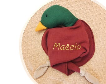 Personalized mallard duck muslin lovey – organic cotton soother blanket with name embroidery (25x25cm)