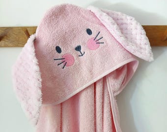 organic cotton baby bath towel with bunny hood - soft terry hooded poncho wrap for children - various animal designs - name embroidery