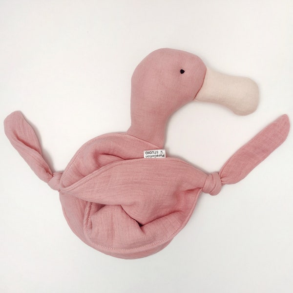 Baby Lovey flamingo Stoffpuppe, Schnullerdecke mit Knoten, Schnullerdecke mit Knoten, Musselin Schmusetuch Vogel für Neugeborene, personalisiertes Spielzeug-Babypartygeschenk