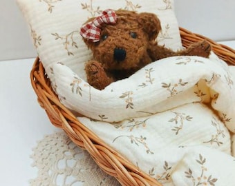 vintage doll bedding set: Ikea Duktig doll bed, retro wicker pram liners, boho muslin toy carrycot bedlinen, custom made to order any size