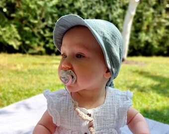 organic cotton sun hat for children, adjustable top knot muslin cloth hat, bandana headscarf with visor, soft brim linen bonnet kerchief