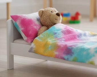 tie dye muslin doll bedding set - fits Ikea Duktig bed - custom made to any size - reborn baby doll pram accessories