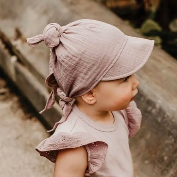 children's muslin sun hat, adjustable summer cap for kids, toddler head scarf with sun visor, bandana kerchief with peak, baby sunbonnet