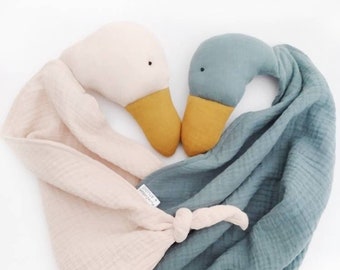 cuddly goose comfort blanket, muslin duck baby lovey, organic bird soft toy