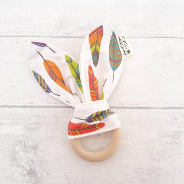 tribal Teething Ring - feathers print - organic wood ring - bunny ears teether - wooden teething toy -  Waldorf sensory toy - modern baby