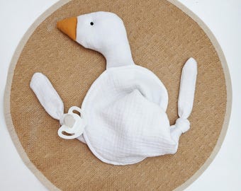 muslin goose lovey with name, organic cotton soother blanket, personalised baby comforter