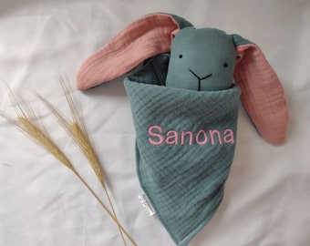custom made bunny lovey with baby name embroidery: security blanket soft toy rabbit