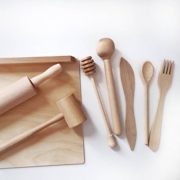 cooking set for kids play kitchen, wooden baking utensils, natural Montessori education toys, experiential role play gift set for toddler,