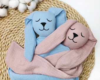 personalized baby snuggle blanket - organic cotton muslin cuddle cloth bunny rabbit - stuffed animal comforter - hello world plush toy