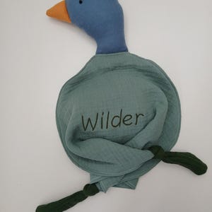 May include: A plush duck toy with a blue head and neck, an orange beak, and a teal body. The teal body has the name "Wilder" embroidered on it in a dark green thread. The duck has dark green legs.